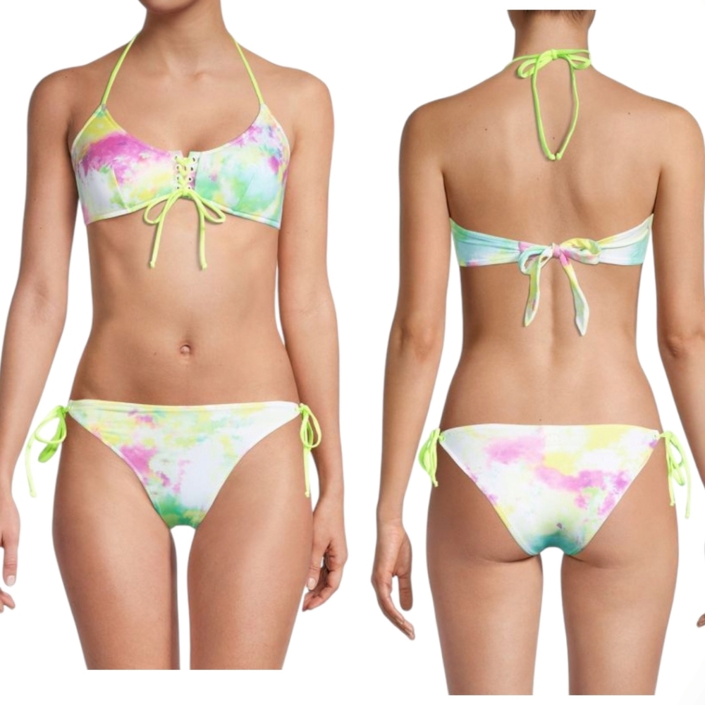 NWT Sundek Visalia Tie-Dye Bikini Set Sz 4 Multi Pastel Lace-Up 2PC Swimsuit